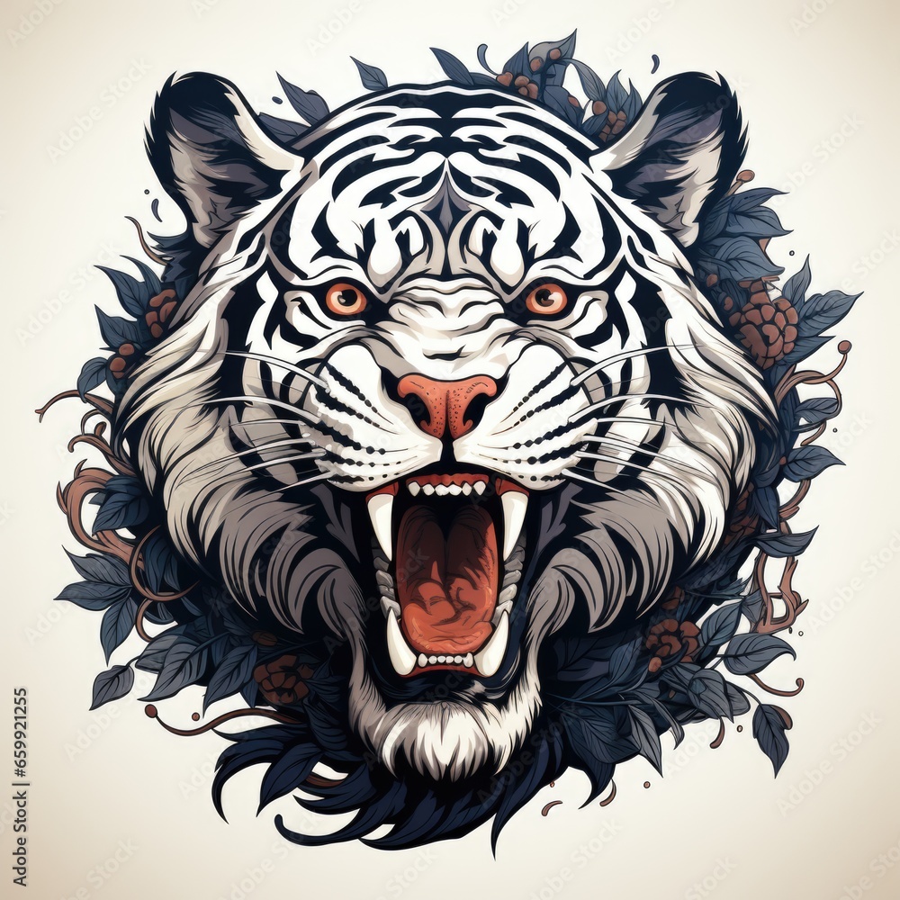 A tiger with its mouth open and its mouth wide open. Imaginary AI picture. Clipart on solid background. A tiger with its mouth open and its mouth wide open. Imaginary AI picture. Clipart on solid background.