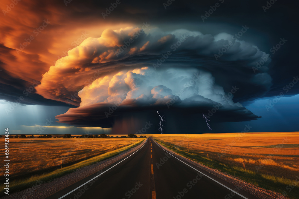 Supercell bringing massive rain and thunderstorms. Extreme weather and climate change concept
