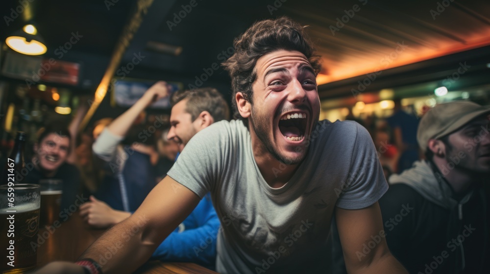 Young friends in blue shirts with beer glasses and beards at the bar happily watching football