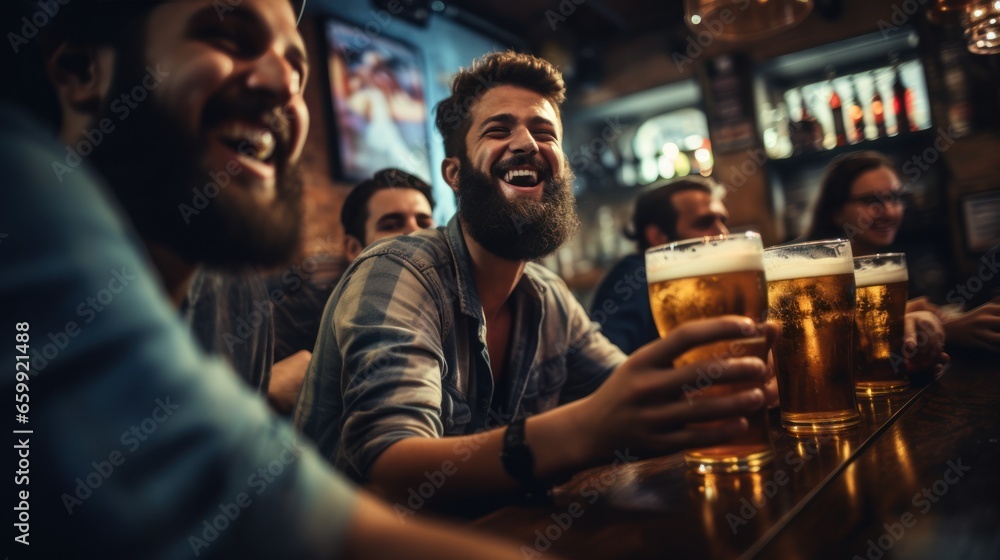 Young friends in blue shirts with beer glasses and beards at the bar happily watching football - obrazy, fototapety, plakaty 