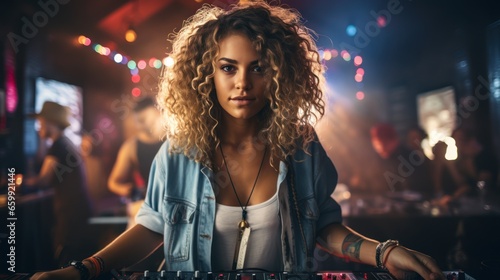 Woman being DJ at party front view