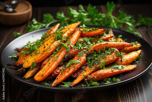 A plate of roasted carrots garnished with fresh parsley, offering a vibrant, healthy side dish