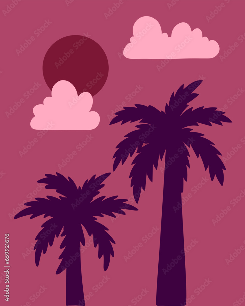Naklejka premium Tropical night background with palm tree, moon, clouds