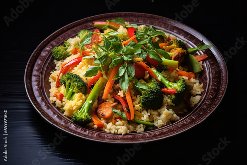 Cauliflower rice is stir-fried with a variety of colorful vegetables, making a low-carb meal option