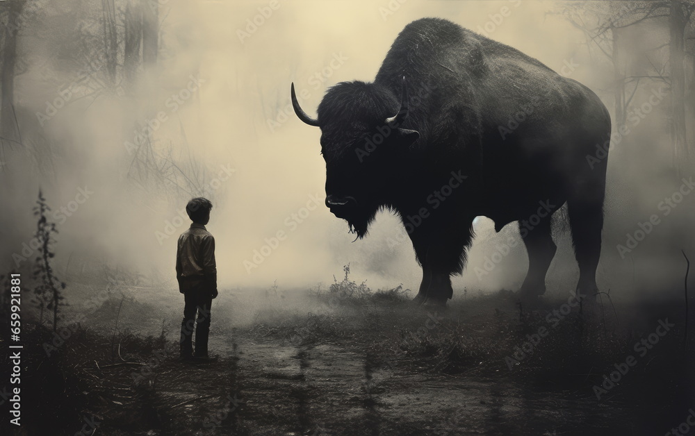vintage buffalo. hand edited AI.  - obrazy, fototapety, plakaty 