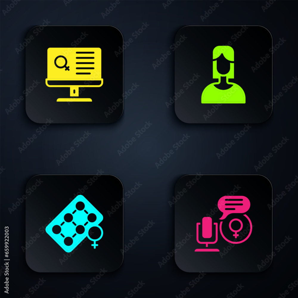 Set Microphone, Dating app, Packaging of birth control pills and Female. Black square button. Vector Set Microphone, Dating app, Packaging of birth control pills and Female. Black square button. Vector
