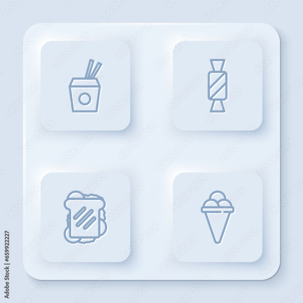 Set line Asian noodles and chopsticks, Candy, Sandwich and Ice cream in waffle cone. White square button. Vector Set line Asian noodles and chopsticks, Candy, Sandwich and Ice cream in waffle cone. White square button. Vector