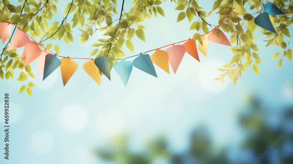vector art of colorful pennant string decoration in green tree foliage on blue sky, summer party background template banner with copy space - obrazy, fototapety, plakaty 