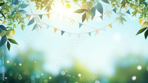 vector art of colorful pennant string decoration in green tree foliage on blue sky  summer party background template banner with copy space