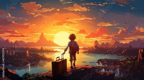 Vector art of travel dreams It's on a suitcase with a sunset in the background.