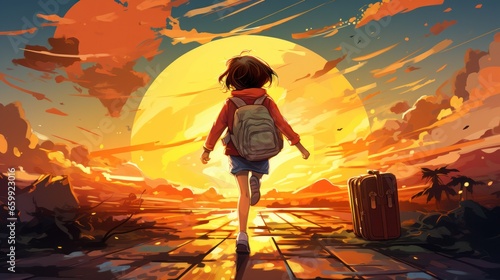 Vector art of travel dreams It's on a suitcase with a sunset in the background.