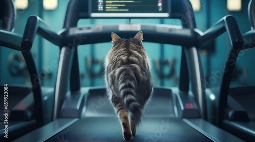 Cat in a gym fitness center, engaging in workout routine. Funny approach to healthy and active lifestyle for overweight cat. Physical fitness for domestic home animals.