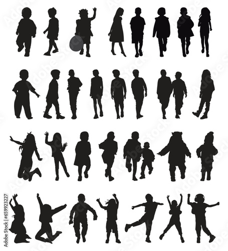  Set of children silhouettes playing outdoor. Kids Playing Vector Bundle.
