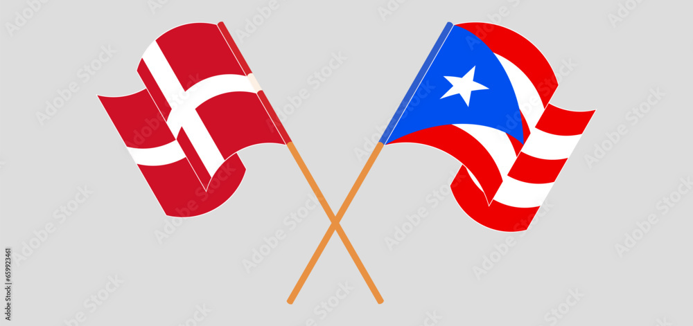 Crossed and waving flags of Denmark and Puerto Rico Crossed and waving flags of Denmark and Puerto Rico