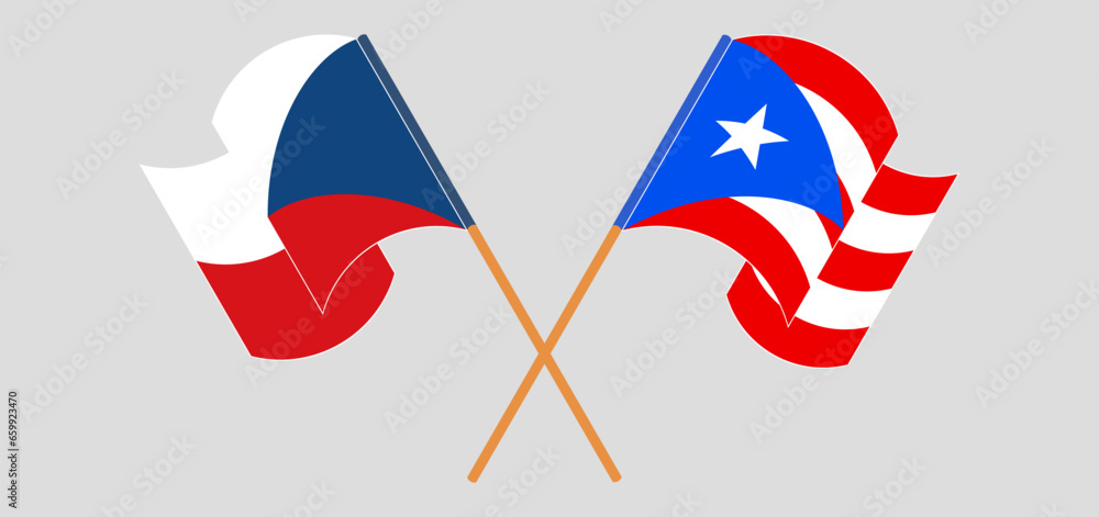 Crossed and waving flags of Czech Republic and Puerto Rico Crossed and waving flags of Czech Republic and Puerto Rico