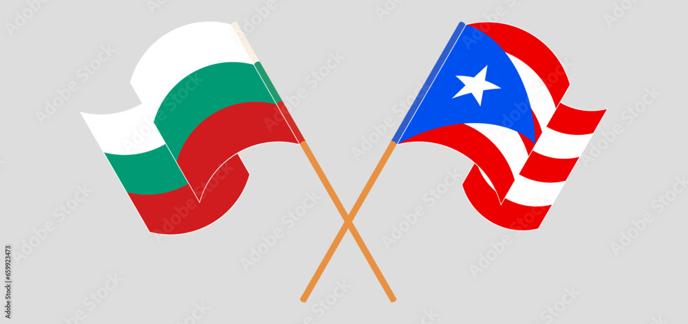 Crossed and waving flags of Bulgaria and Puerto Rico