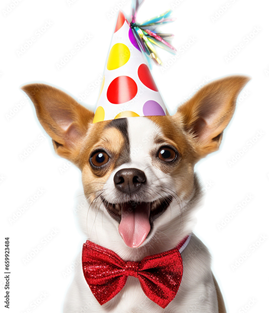 Funny dog with birthday hat and bow tie on transparent background