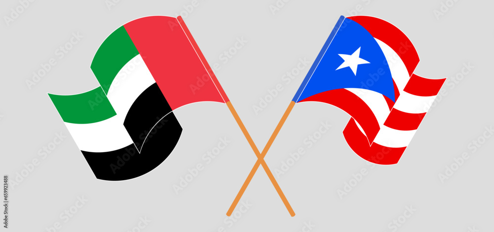 Crossed and waving flags of the United Arab Emirates and Puerto Rico