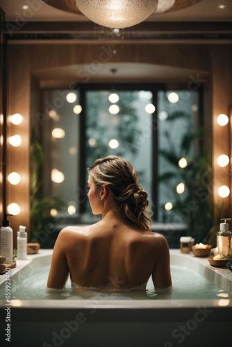 Rear view of a beautiful woman with long hair sitting in a bathtub against the background of light bulbs and bokeh in the window