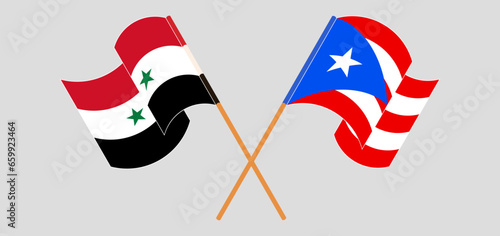 Crossed and waving flags of Syria and Puerto Rico