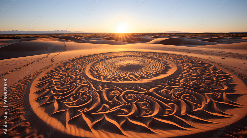 Mysterious mandala patterns in beautiful desert shot with sunset in the background of vast sand dunes