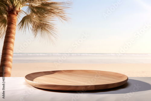 Wooden round board on table in front of blurred beach background. High quality photo