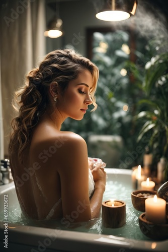 Close up of a sensual sexy woman in a bathtub looking down sideways in a bathtub with candles. Spa, relax, rest, care concepts