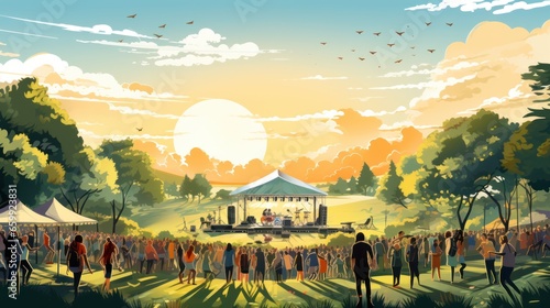 Vector art of music festival Outdoor concert with outdoor stage, live performance, people dancing in nature.