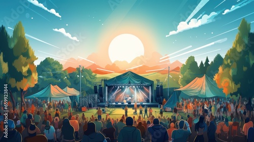 Vector art of music festival Outdoor concert with outdoor stage, live performance, people dancing in nature.