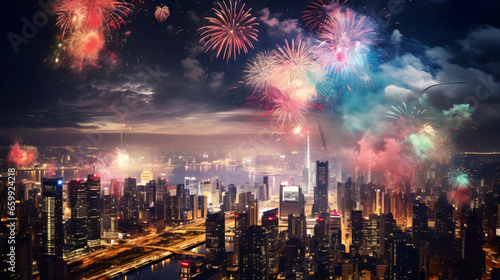 beautiful aerial shot of fireworks over a metropolitan urban city at new year's eve