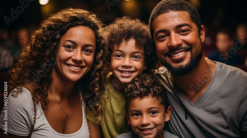 Cheerful multiracial family watching movie in cinema theater. Father, mother and two sons spending weekend together. Happy smiling parents and kids enjoying communication and shared leisure time.