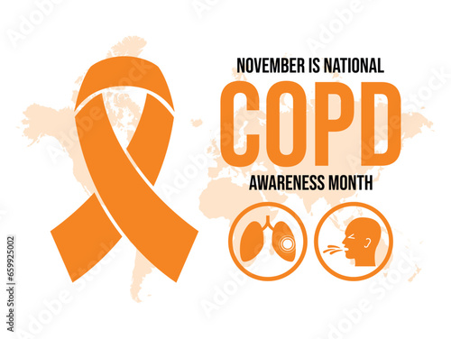 November is National Chronic Obstructive Pulmonary Disease Awareness Month vector illustration. COPD awareness month poster. Orange awareness ribbon and human lungs icon set vector. Important day