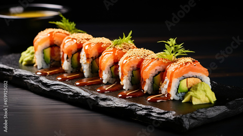 Japanese food Roll with salmon avocado cottage cheeze
