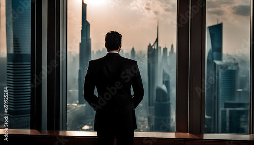 In front of a backdrop of skyscrapers, an Arab businessman dressed traditionally stands in his office. Back view