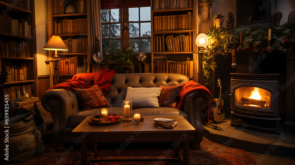 Cosy old-style dark-lit living room. The ideal place to read a book and chill by the fire.