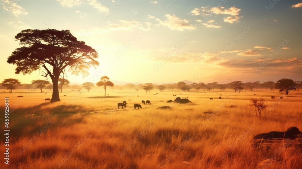 Beautiful summer savanna with a tree at sunset. African Safari landscape. Aerial shot of summer drought lands. Beautiful summer savanna with a tree at sunset. African Safari landscape. Aerial shot of summer drought lands.