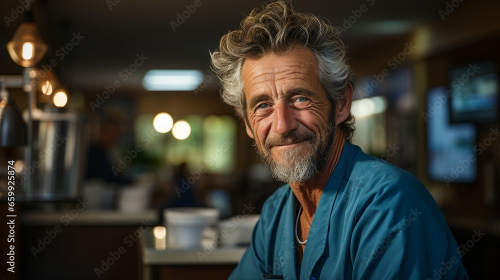 Close up portrait of middle aged male doctor with slightly gray hair in blue uniform. Experienced clinician with confident look. Professional care for patient health and accurate diagnosis. Close up portrait of middle aged male doctor with slightly gray hair in blue uniform. Experienced clinician with confident look. Professional care for patient health and accurate diagnosis.
