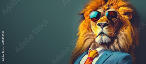 Animal lion portraits, Cool business animal in sunglasses and suit. With copy text space, wide screen. Simple background, Generative AI photo