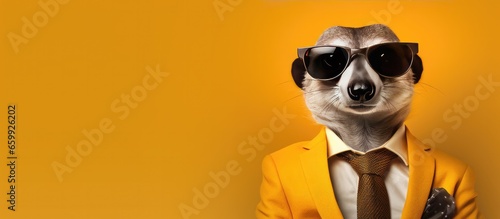Animal meerkat portraits, Cool business animal in sunglasses and suit. With copy text space, wide screen. Simple background, Generative AI photo