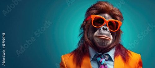 Animal orangutan portraits, Cool business animal in sunglasses and suit. With copy text space, wide screen. Simple background, Generative AI