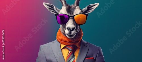 Fototapeta Naklejka Na Ścianę i Meble -  Animal goat portraits, Cool business animal in sunglasses and suit. With copy text space, wide screen. Simple background, Generative AI