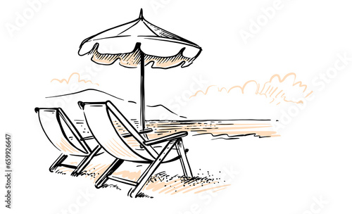 Beach chair with umbrella. Vintage drawing.