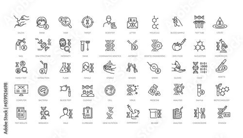 Set of dna test icons. Dna Laboratory Research Set Line Icon