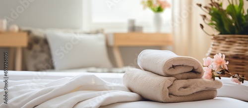 Clean towels stacked on bed in bedroom with a cozy double bed