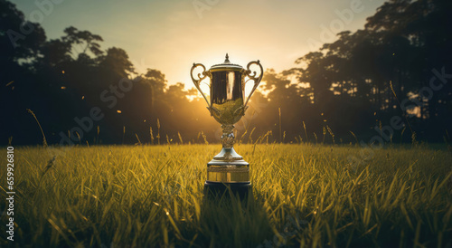 The winner's cup stands in the grass