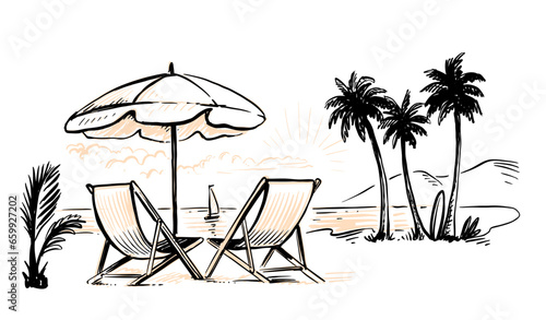Beach chair with umbrella. Vintage drawing.