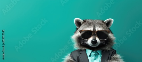 Fototapeta Naklejka Na Ścianę i Meble -  Animal racoon portraits, Cool business animal in sunglasses and suit. With copy text space, wide screen. Simple background, Generative AI