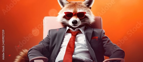 Animal redpanda portraits, Cool business animal in sunglasses and suit. With copy text space, wide screen. Simple background, Generative AI © dm