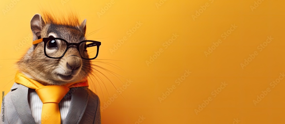 Animal squirel  portraits, Cool business animal in sunglasses and suit. With copy text space, wide screen. Simple background, Generative AI - obrazy, fototapety, plakaty 