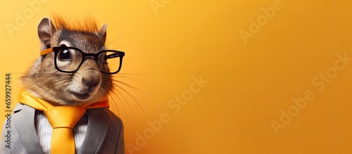 Fototapeta Naklejka Na Ścianę i Meble -  Animal squirel  portraits, Cool business animal in sunglasses and suit. With copy text space, wide screen. Simple background, Generative AI